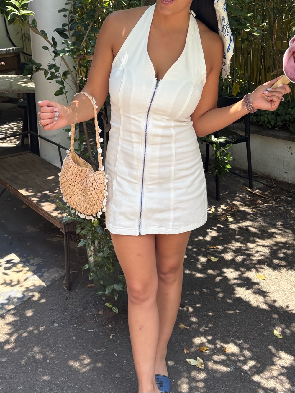 White Halter Denim Mini Dress with Front Zip
